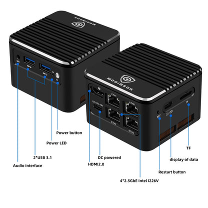 MOGINSOK Ultra Small 2.5GbE Firewall Appliance Mini PC, 4x2.5GbE Intel I226V Nics 12th Gen Intel N100(4C/4T up to 3.4GHz) Portable Firewall Mini Computer Pfsense Router 8/16GB LPDDR5 RAM M.2 PCIE 3.0 NVMe SSD TDP 6W/15W Support AES-NI